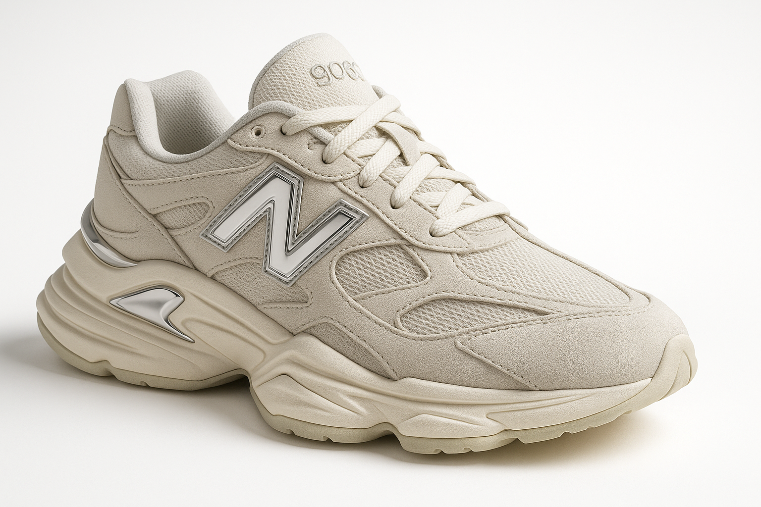 Create a high-resolution 3D model of the New Balance 9060 sneaker in a dynamic Y2K-inspired setting. The shoe should feature:

Premium suede and mesh textures

Sculpted midsole with exaggerated proportions

Reflective accents and bold overlays

Colorway: Moonbeam with hints of grey and off-white

Background: Futuristic urban grid with soft lighting and subtle motion blur

Angle: 360° rotatable view with zoom-in capability on sole and stitching details White background