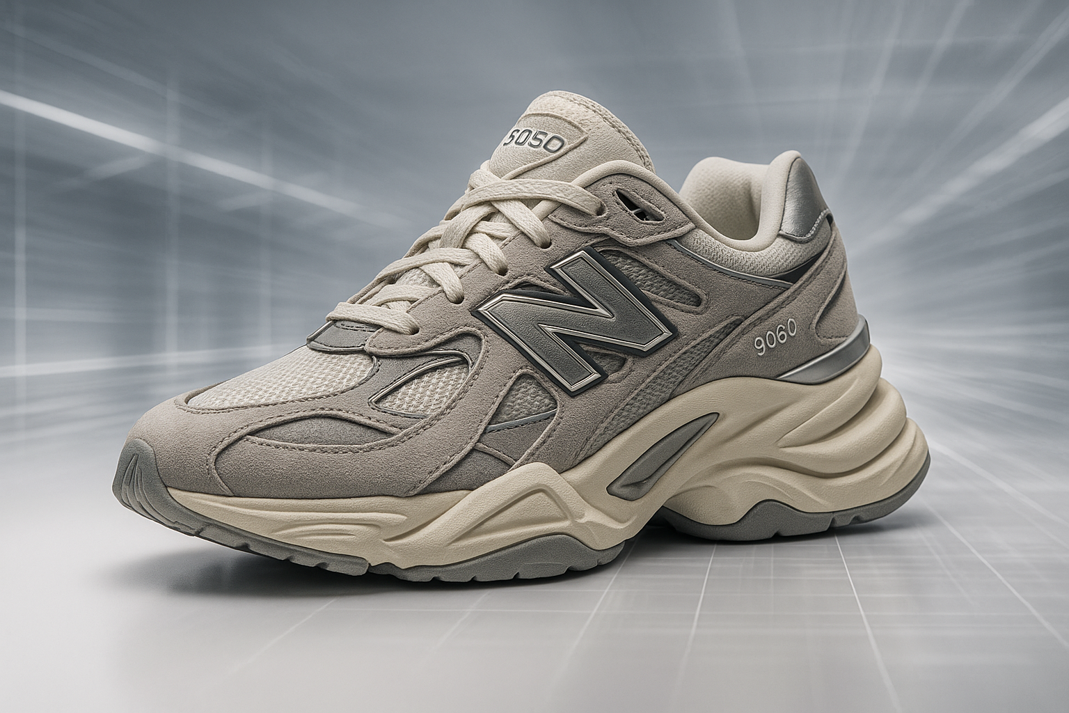 Create a high-resolution 3D model of the New Balance 9060 sneaker in a dynamic Y2K-inspired setting. The shoe should feature:

Premium suede and mesh textures

Sculpted midsole with exaggerated proportions

Reflective accents and bold overlays

Colorway: Moonbeam with hints of grey and off-white

Background: Futuristic urban grid with soft lighting and subtle motion blur

Angle: 360° rotatable view with zoom-in capability on sole and stitching details 3 image in diffrent angle back ground white gradient 